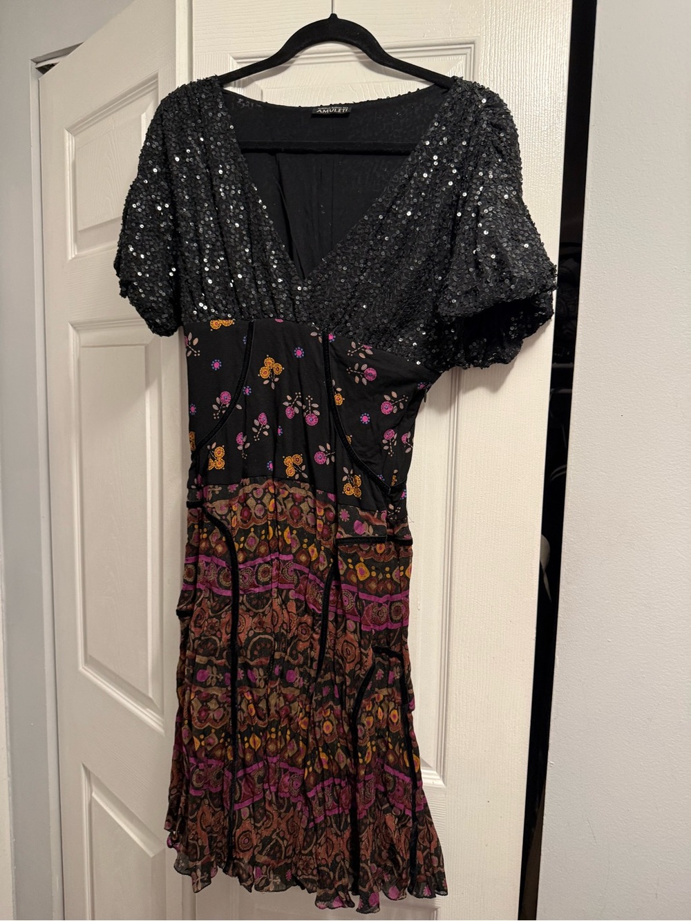 Sequin-Embellished Black Multi-Pattern V-Neck Dress